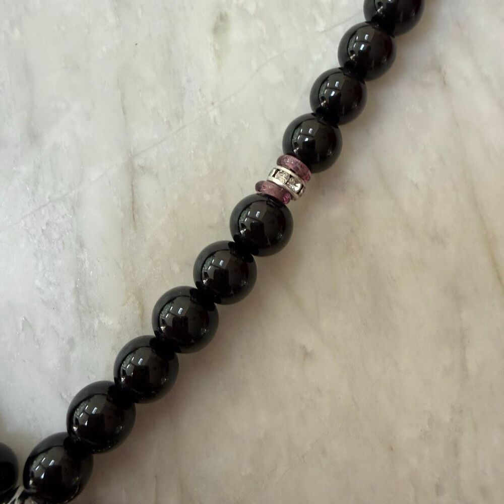 Kenneth Jay Lane vintage Floral Pendant Necklace Signed Black Beads purple - Picture 10 of 11